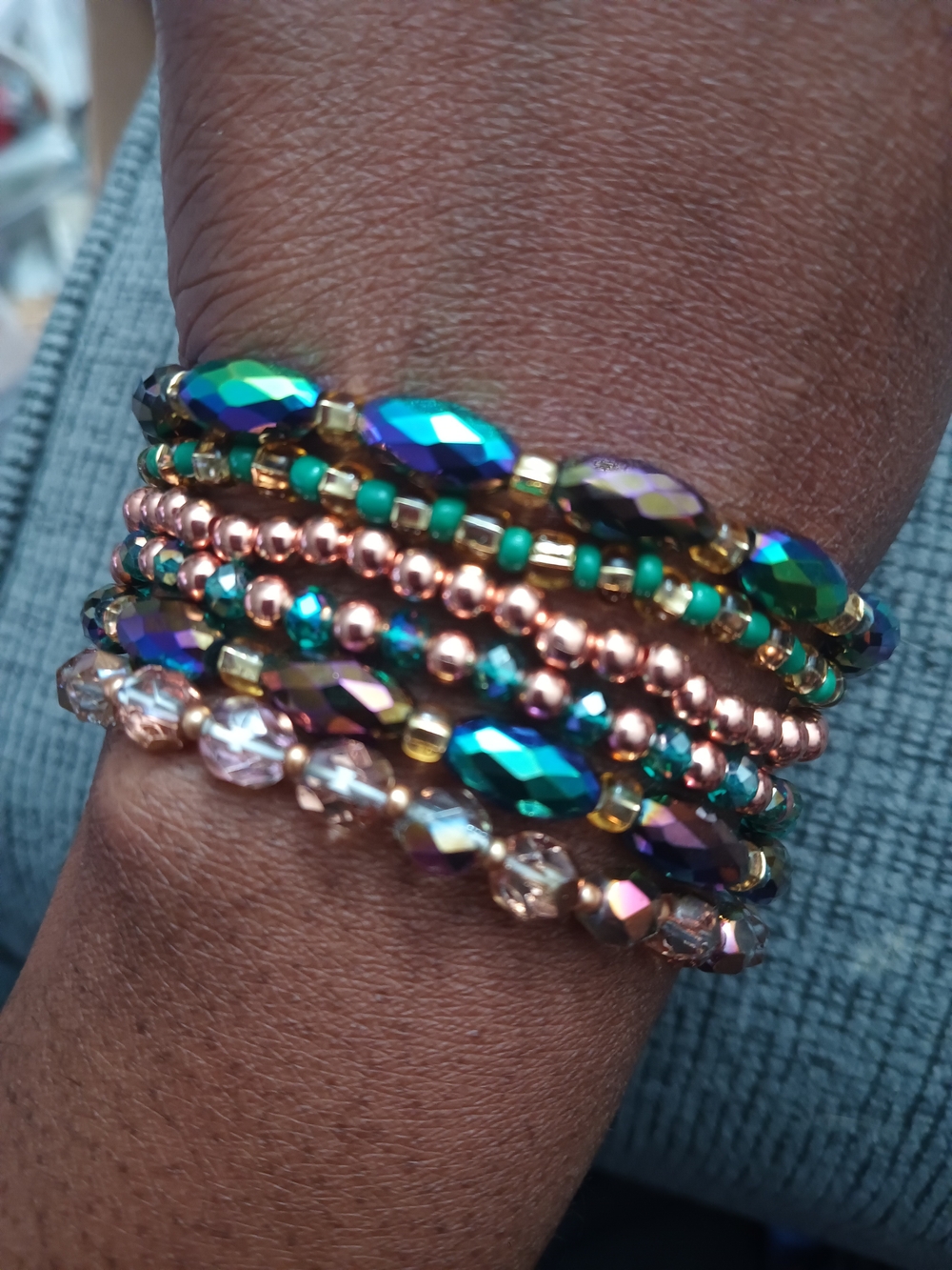 Multicolor Iridescent & Rose Gold Beaded Stretch Bracelet Stack - Women Jewelry